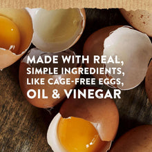Mayonnaise made with real eggs, oil and vinegar text over eggs in shells
