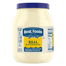Mayonnaise jar with blue lid and front label reading Real Mayonnaise
