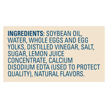 Ingredients panel for mayonnaise listing soybean oil, eggs, vinegar, salt, sugar, and lemon juice