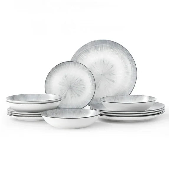 Bestone 12 Piece Dinnerware Set ，Chip Resistant, Dinnerware Sets, Plates, Dishes, Bowls, Service for 4, Pink And White