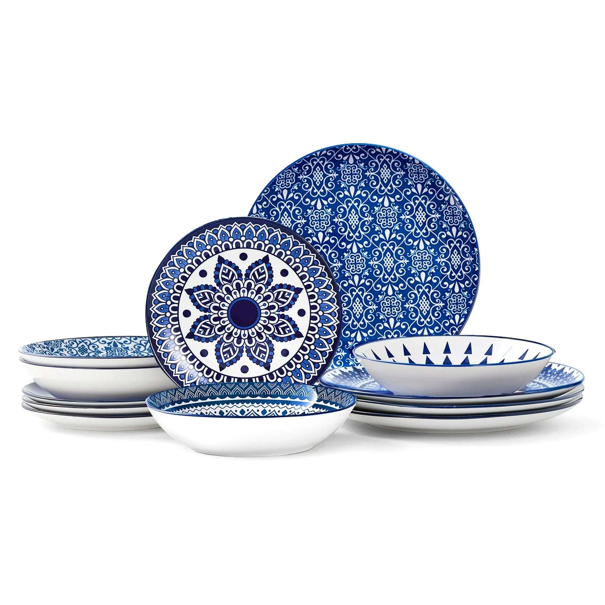 Bestone 12 Piece Dinnerware Set ，Chip Resistant, Dinnerware Sets, Plates, Dishes, Bowls, Service for 4, Pink And White