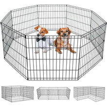 Black 8-panel wire dog playpen with hinged door, open-top enclosure frame