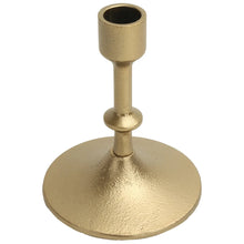 Gold cast iron taper candle holder with cylindrical top opening and hammered base