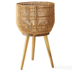 Better Homes & Gardens 13 Inch Round Brown Resin Rattan Planter & Stand with Acacia Wood Legs