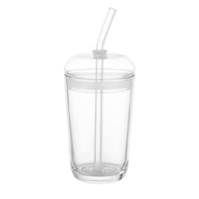 Clear glass dome-lid tumbler with straight straw and snap-on lid