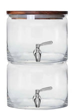 Stacking glass beverage dispenser with acacia lid and two chrome spigots