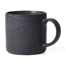 Dark gray stoneware mug with curved handle, speckled modern design.