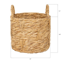 Round bulrush basket planter with two handles, woven tan straw basket