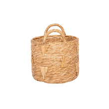 Mini round bulrush basket planter with loop handle, tan woven straw