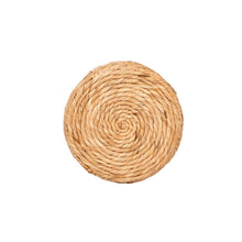 Round woven bulrush basket planter, spiral weave pattern in tan straw