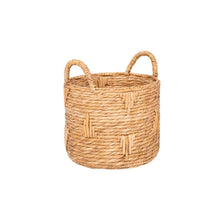 Round bulrush basket planter with two carrying handles, woven tan straw