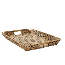 Rectangular resin rattan serving tray in beige with dark accents, woven lattice design