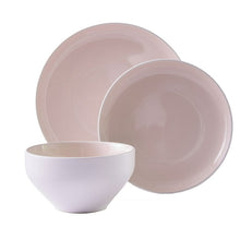 Blush stoneware dinner plates and bowls set, matte exterior with glossy interior