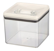 Airtight bagel food storage container with clear body, white flip lid, and dark blue trim