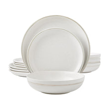 White stoneware dinner plate with thin gold rim, speckled finish