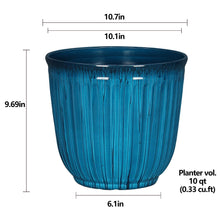 Light blue ribbed resin planter with open top and dark inner rim, round bowl shape