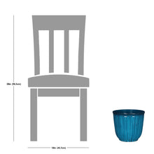 Light blue ribbed resin planter with open top, shown alongside sizing diagram