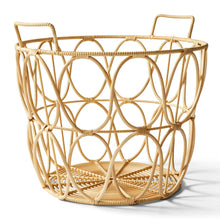 Large light tan woven poly rattan storage basket with two side handles