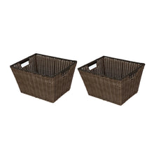 Two poly rattan storage baskets with handles, open woven design, dark brown