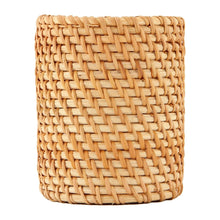 Natural rattan toothbrush holder with flat woven texture and open top