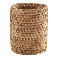 Woven rattan toothbrush holder with rounded sides and open top