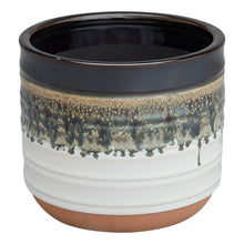 Round ceramic plant planter with dark rim and speckled drip glaze, white body