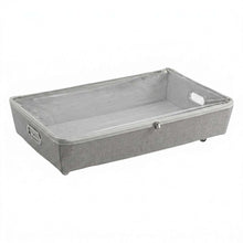 Gray under-bed rolling storage bin with clear zipper top and fabric handles