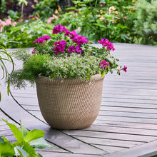 Khaki chino woven-look resin planter with purple flowers and green foliage outdoors