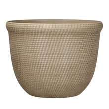 Khaki chino recycled resin planter with woven basket texture, round wide mouth