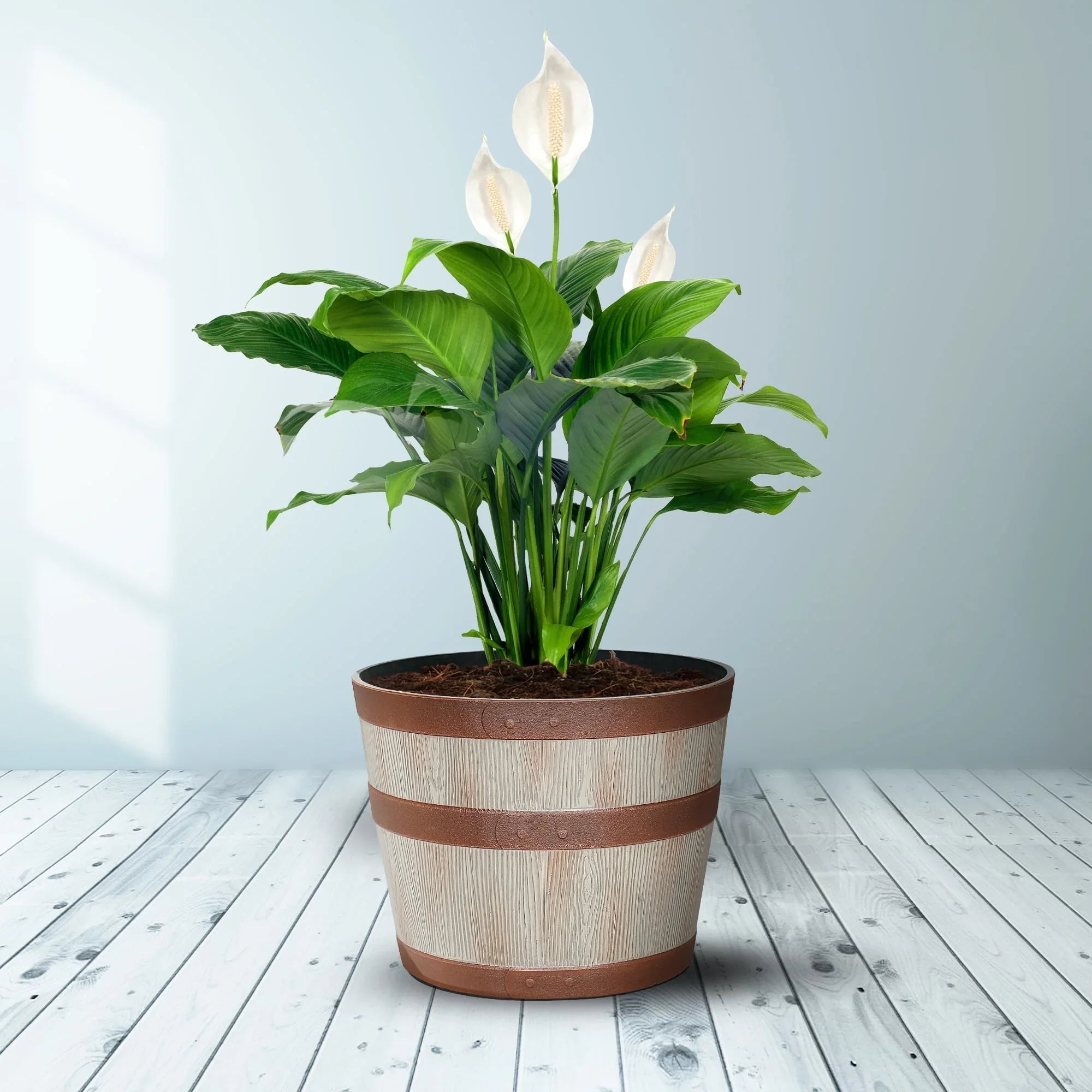 Better Homes & Gardens 12.9" x 12.9" x 10" Whiskey Barrel Light Brown 100% Recycled Resin Planter