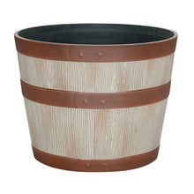 Whiskey barrel-style resin planter, light brown and white woodgrain with dark interior