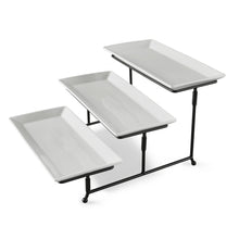 3-tier white porcelain serving tray set, three white trays on black stand