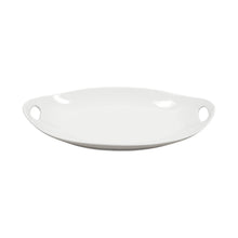 White oval porcelain serving tray with two side handles, glossy finish