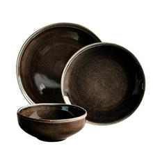 Stoneware dinnerware set bowls and plates, dark brown/black with speckled glaze