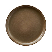 Brown stoneware dinner plate with speckled glaze and raised rim