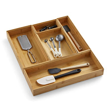 Natural bamboo drawer organizer set with 5 compartments and utensil slots