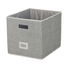 Gray fabric cube storage bin with front cutout handle and open interior