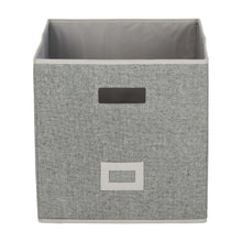 Gray fabric cube storage bin with two front cutout handles