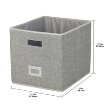 Gray fabric cube storage bin with front label patch and open top