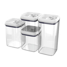 Set of 4 square food storage containers, clear walls, white lids, navy trim