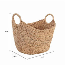 Natural water hyacinth boat basket, side view with loop handles