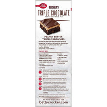 Back panel of triple chocolate brownie mix box showing peanut butter truffle brownies