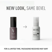 Bevel beard oil bottles, dark and light labels with transfer arrow