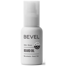 Bevel beard oil bottle, white label with BEVEL and BEARD OIL branding