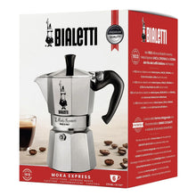 Bialetti Moka 4-cup stovetop espresso maker box showing silver pot with black handle