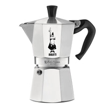 Bialetti Moka 4-cup stovetop espresso maker, silver metal with black handle and knob