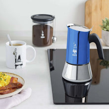 Blue Bialetti Venus 6-cup stovetop espresso maker with black handle and base