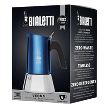 Bialetti Venus stovetop espresso maker retail box showing blue and silver coffee maker