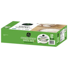 Cooked sticky white rice bowls, medium grain, 12-bowl carton angled view