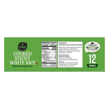Cooked sticky white rice 12-bowl pack with nutrition facts and ingredients panel